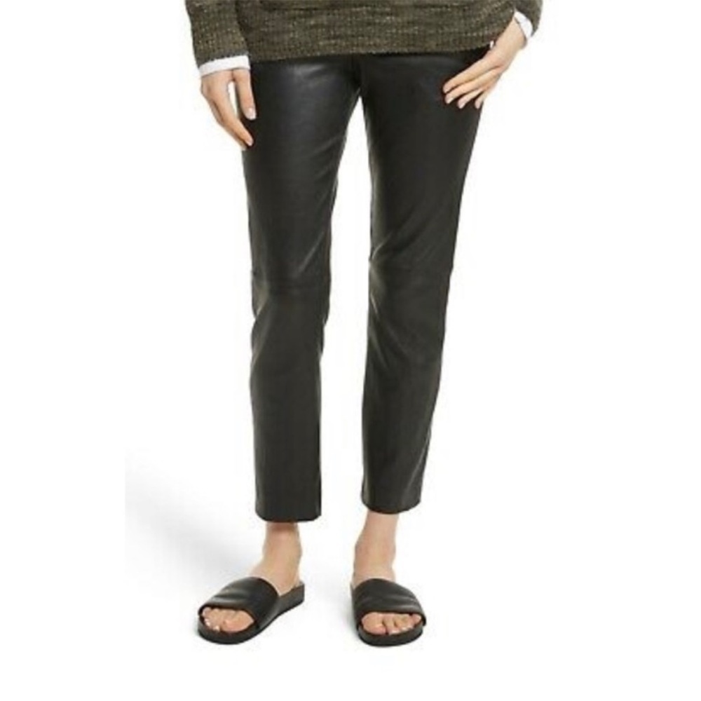 VINCE Lambskin Leather Straight Leg High Rise Trousers in Black Sz 8
